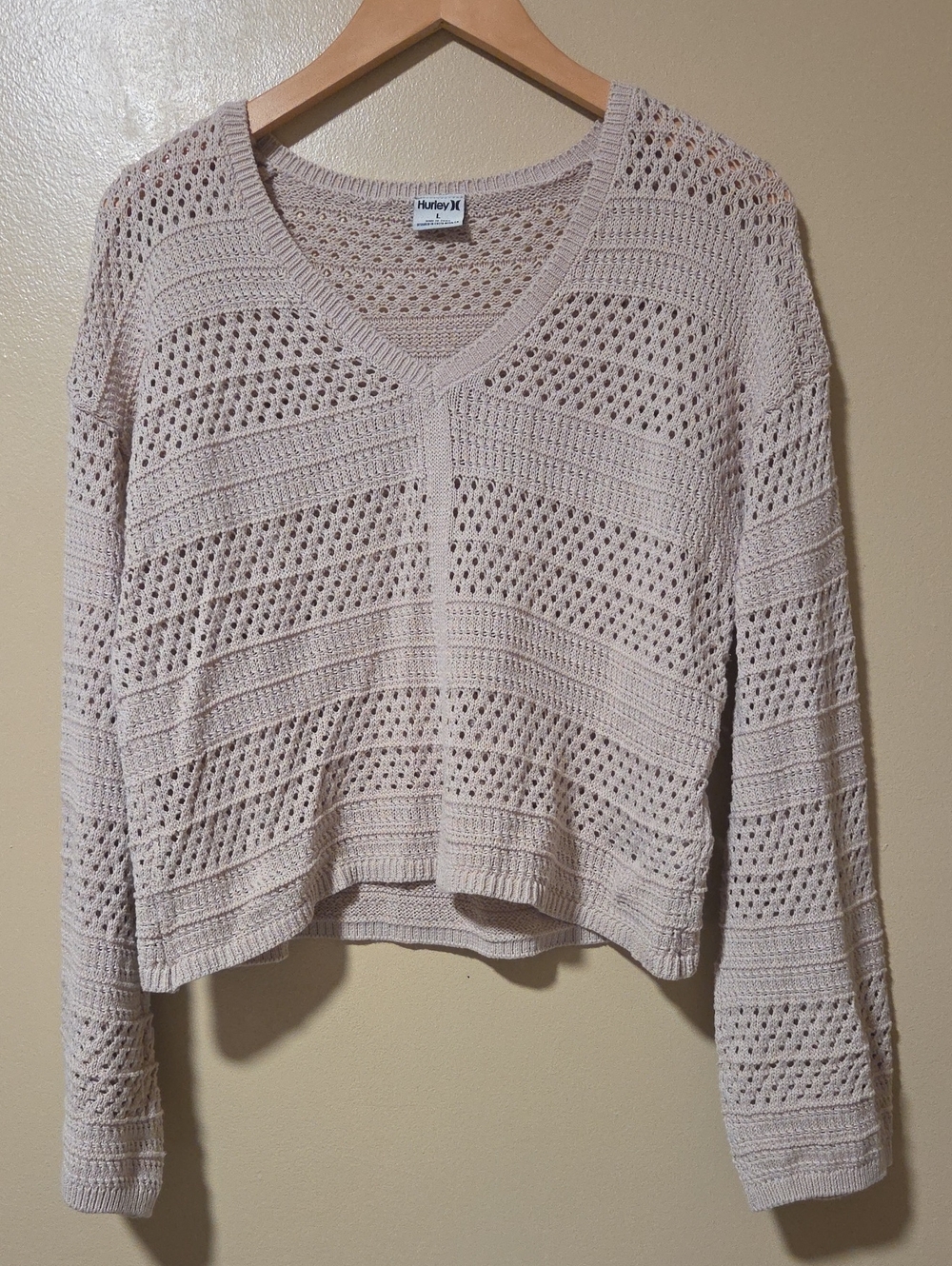 Hurley Women's Light Beige Open-Knit V-Neck Sweater